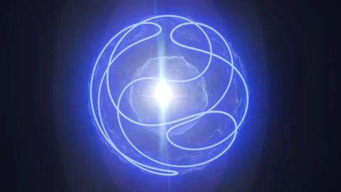 Abstract glowing blue energy sphere surrounded by luminous orbital lines Stock Footage 345037166