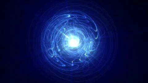 Abstract glowing blue energy vortex with swirling light trails and bright rad Stock Photos