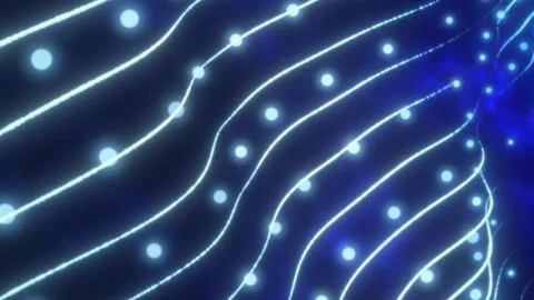 Abstract glowing blue grid with light nodes flowing in wave-like formation Stockillustratie