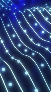 Abstract glowing blue grid with light nodes flowing in wave-like formation on イラスト素材