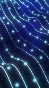 Abstract glowing blue grid with light nodes flowing in wave-like formation on Stock Photos