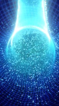 Abstract glowing blue grid structure forming a tunnel of light particles in.. Illustrazione stock