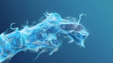 Abstract glowing blue hand made of particles dissolving and reforming Stock Footage 327532072