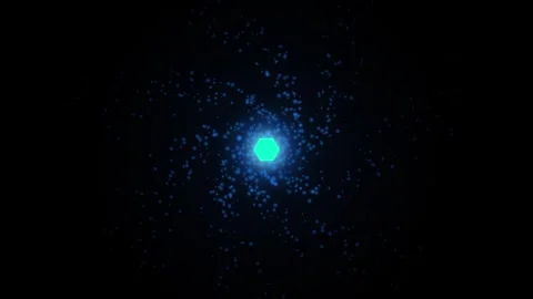 Abstract glowing blue hexagon core with rotating particle spiral motion bac.. 스톡 동영상 347465288