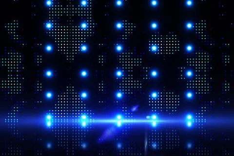 Abstract glowing blue LED grid is showing 3D render with light flare on Illustration