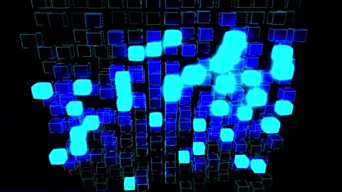 Abstract glowing blue particles emanating from dark grid during futuristic .. Video stock 346972913
