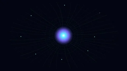 Abstract glowing blue purple orb with radiating dashed lines and small brig.. Видео 345546787
