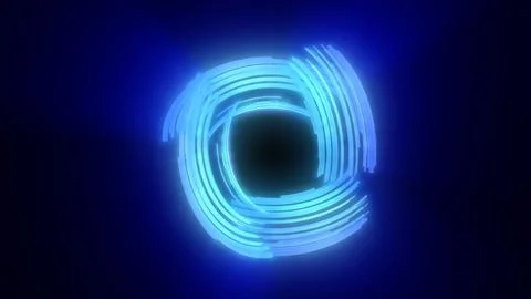 Abstract glowing blue ring with dynamic segmented energy trails on dark backg Stock Photos