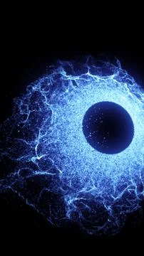 Abstract glowing blue sphere surrounded by energetic particle waves on a dark Stock Illustration