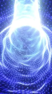 Abstract glowing blue vortex made of geometric mesh lines and bright light sp Stock Illustration