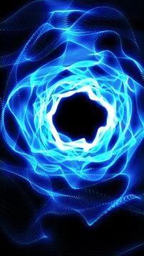 Abstract glowing blue vortex made of dynamic light particles forming a digi.. Illustrazione stock