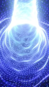 Abstract glowing blue vortex made of geometric mesh lines and bright light sp Stockillustratie
