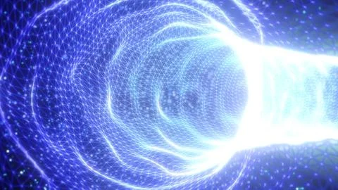 Abstract glowing blue vortex made of geometric mesh lines Stock Illustration