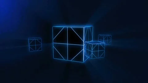 Abstract glowing blue wireframe cubes rotating in digital cyberspace enviro.. Stock Footage 327500211