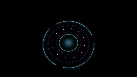 Abstract glowing circular digital interface with neon lines and data points.. Video stock 343611675