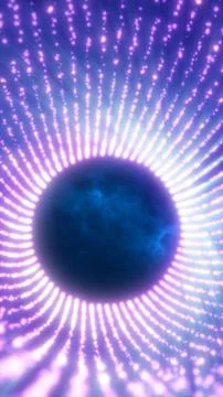 Abstract glowing circular formation with radiating violet light points agains Stock Illustration