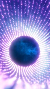 Abstract glowing circular formation with radiating violet light points agains 库存照片