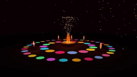 Abstract glowing circular platform with colorful lights and erupting firewo.. Видео 347742460