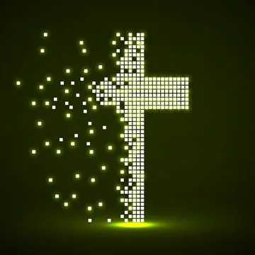Abstract glowing cross of pixeles. Neon christian symbol. Religious sign Stock Illustration