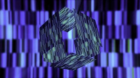 Abstract glowing cube with blue rays of light. Motion. Striped neon cubic shapes Stock Illustration