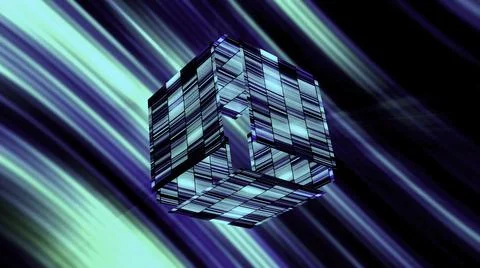 Abstract glowing cube with blue rays of light. Motion. Striped neon cubic shapes Illustrazione stock