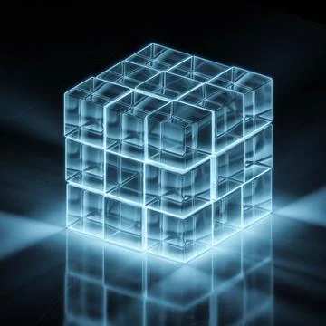 Abstract glowing cube in the dark 3d render illustration Stock Illustration