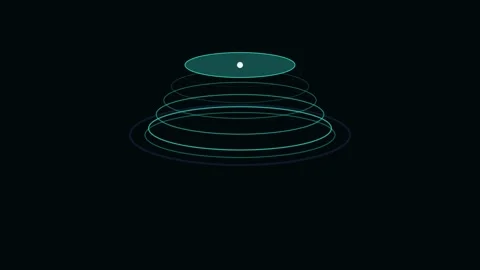 Abstract glowing cyan concentric circles forming a digital wireframe dome Stockbeeldmateriaal 338310835