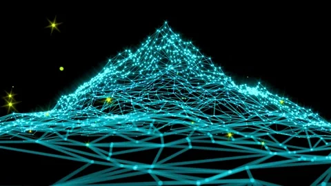 Abstract Glowing Cyan Digital Wireframe Mountain Peak With Sparking Particl.. Stock Footage 347149584
