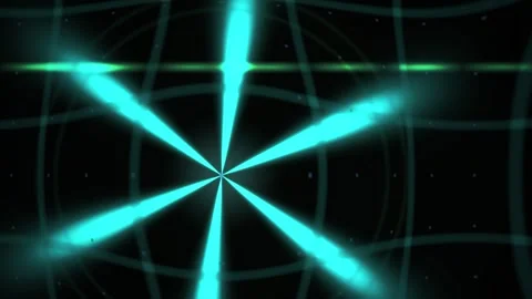Abstract Glowing Cyan Light Beams Rotating in a Dark Digital Grid Space. Stock Footage 341788545