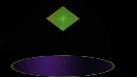 Abstract Glowing Diamond Shape Floating Above A Dark Purple Elliptical Plat.. Stock Footage 341788484