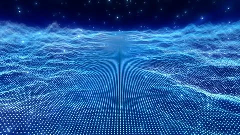 Abstract glowing digital cyberspace of waves, particles and dots moves on a.. Stock Illustration