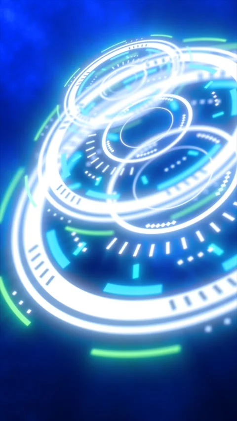 Abstract glowing digital interface with circular HUD elements in white, gre.. Stock Footage 308081328