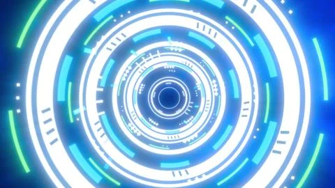 Abstract glowing digital interface with circular HUD elements in white, gre.. Stock Illustration