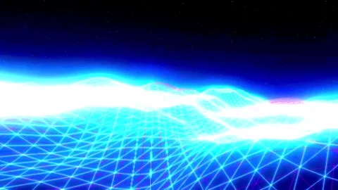 Abstract glowing digital landscape during a vibrant neon sunrise with futur.. Видео 347113906