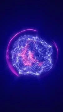 Abstract glowing digital sphere composed of purple and blue particles, high.. Illustrazione stock