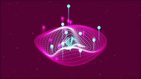 Abstract glowing digital wave structure with floating data nodes on purple .. Stock Footage 344835417