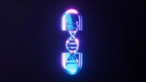 Abstract glowing DNA helix inside capsule illuminated by neon purple and bl.. 스톡 동영상 332315709