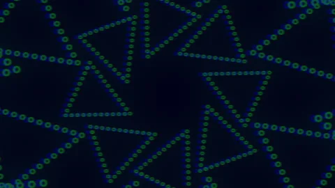 Abstract glowing dotted triangles and lines moving on dark tech background Stockbeeldmateriaal 330089605