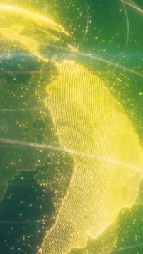 Abstract glowing Earth with golden data particles and orbital lines on a gree Stock Illustration