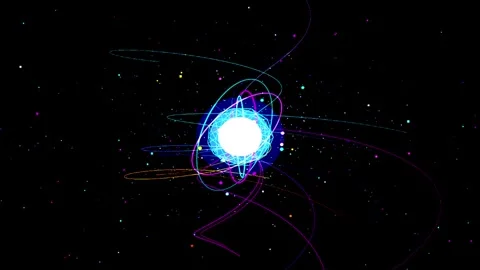 Abstract glowing energy orb with orbiting particles during cosmic event in .. Vídeo Stock 346271016