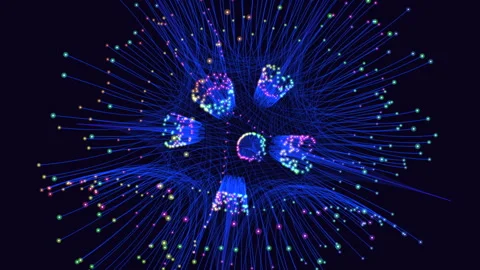 Abstract glowing fiber optic strands and particles forming a digital network Stock Footage 333188859