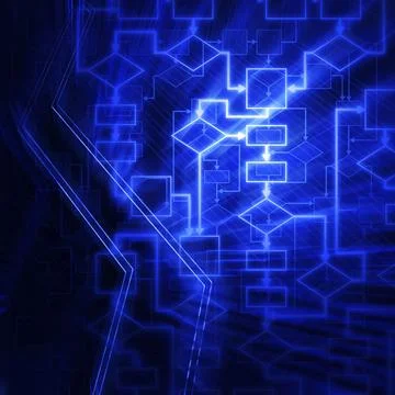 Abstract glowing flowchart diagram. Software development. Computer program Stock Illustration