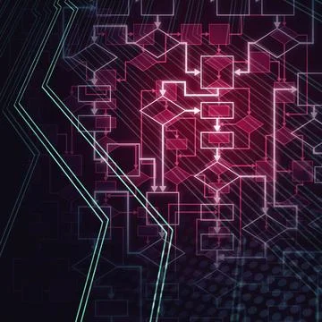 Abstract glowing flowchart diagram. Software development. Computer program Stock Illustration