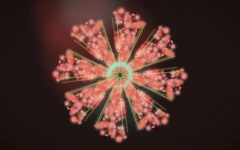 Abstract glowing flower shape with red bokeh lights and green light rays. D.. Stock Illustration