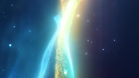 Abstract glowing fluid waves in blue and yellow light merging across a dark.. イラスト素材