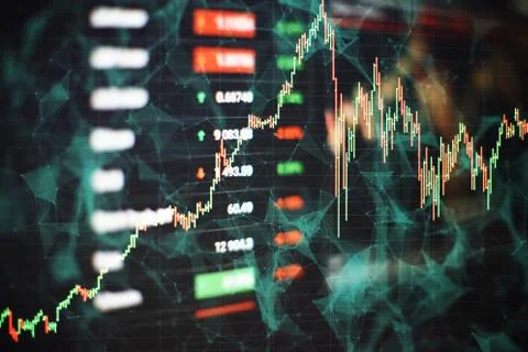 Abstract glowing forex chart interface wallpaper. Investment, trade, stock, f Stock Photos