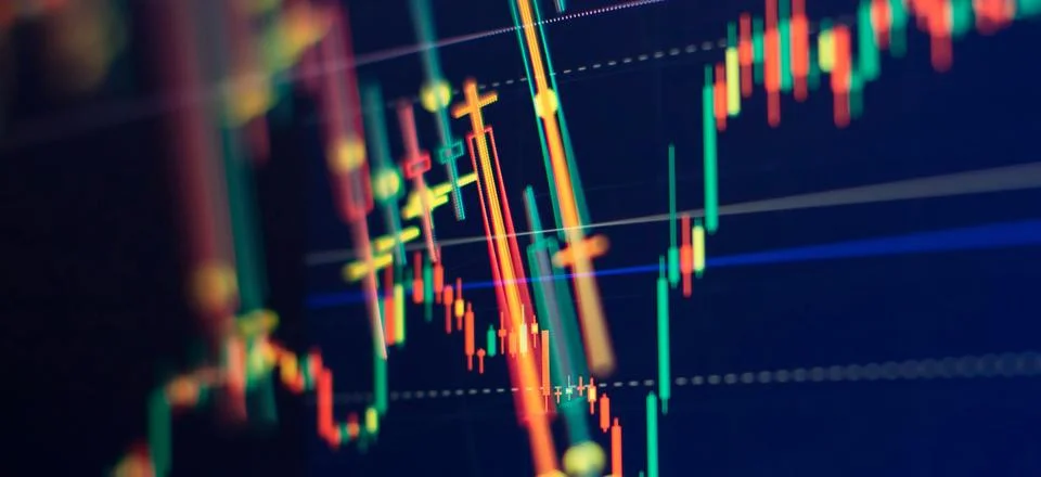 Abstract glowing forex chart interface wallpaper. Investment, trade, stock,.. Stock Photos