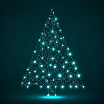 Abstract glowing geometric Christmas tree of lines and dots, vector Stock Illustration