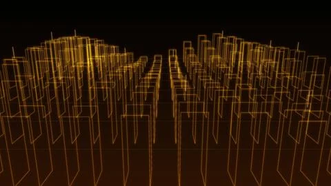 Abstract Glowing Golden Wireframe Cityscape With Tall Buildings Floating In.. Stock Illustration