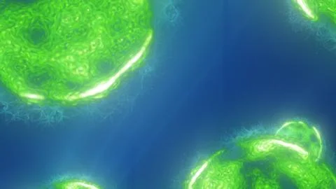 Abstract glowing green cells floating in blue space, symbolizing biology Stock Illustration